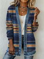 Vintage Aztec Art Print Casual Cotton Patchwork Denim Coat