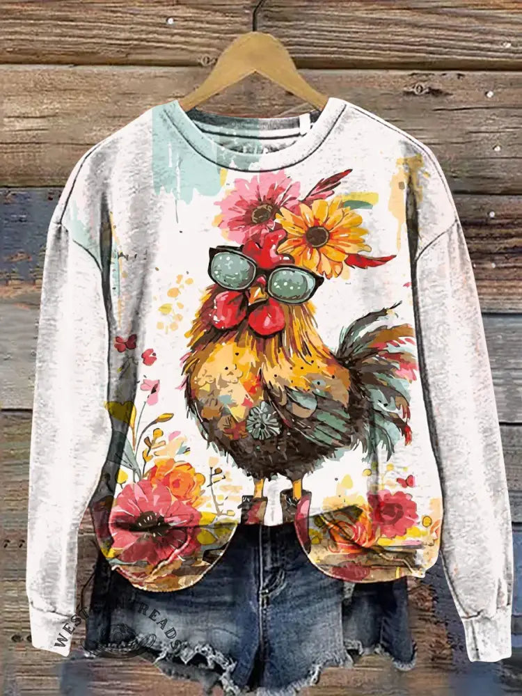 Funny Chicken Art Print Casual Cotton Sweatshirt