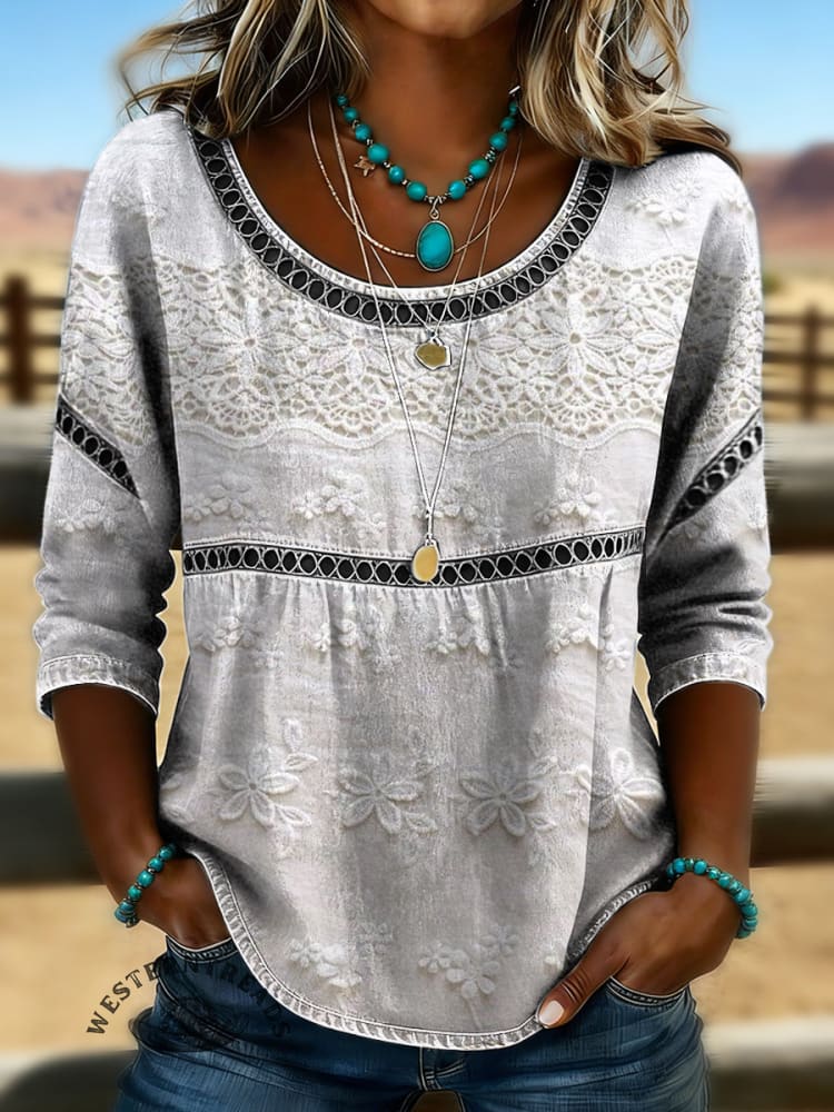 Women's Vintage Floral Print Casual 3/4 Sleeves Hollow Lace Denim Shirt