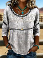 Women's Vintage Floral Print Casual 3/4 Sleeves Hollow Lace Denim Shirt