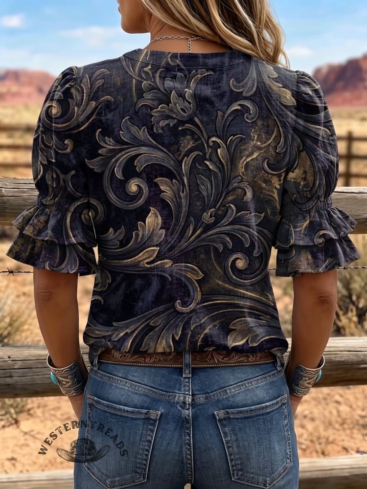 Women's Vintage Art Puff Sleeve Casual Shirt