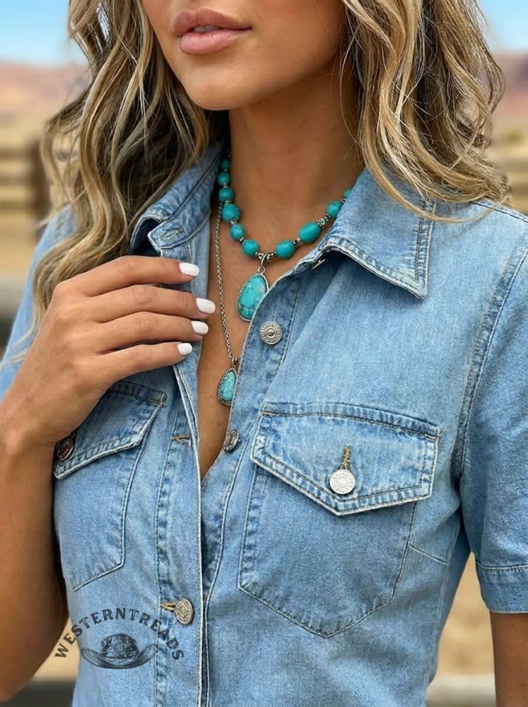 Slim-fit Denim Short Sleeve Button Shirt