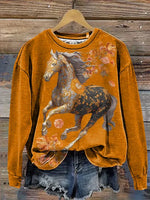 Horse Floral Art Print Casual Cotton Sweatshirt