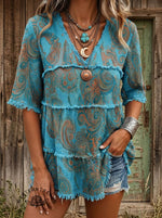 Vintage Paisley Print Patchwork Cotton Linen Shirt