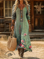 V-neck Retro Print Casual Loose Western Dress