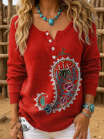 Retro Boho Floral Pattern Print Buttoned Cardigan Sweater