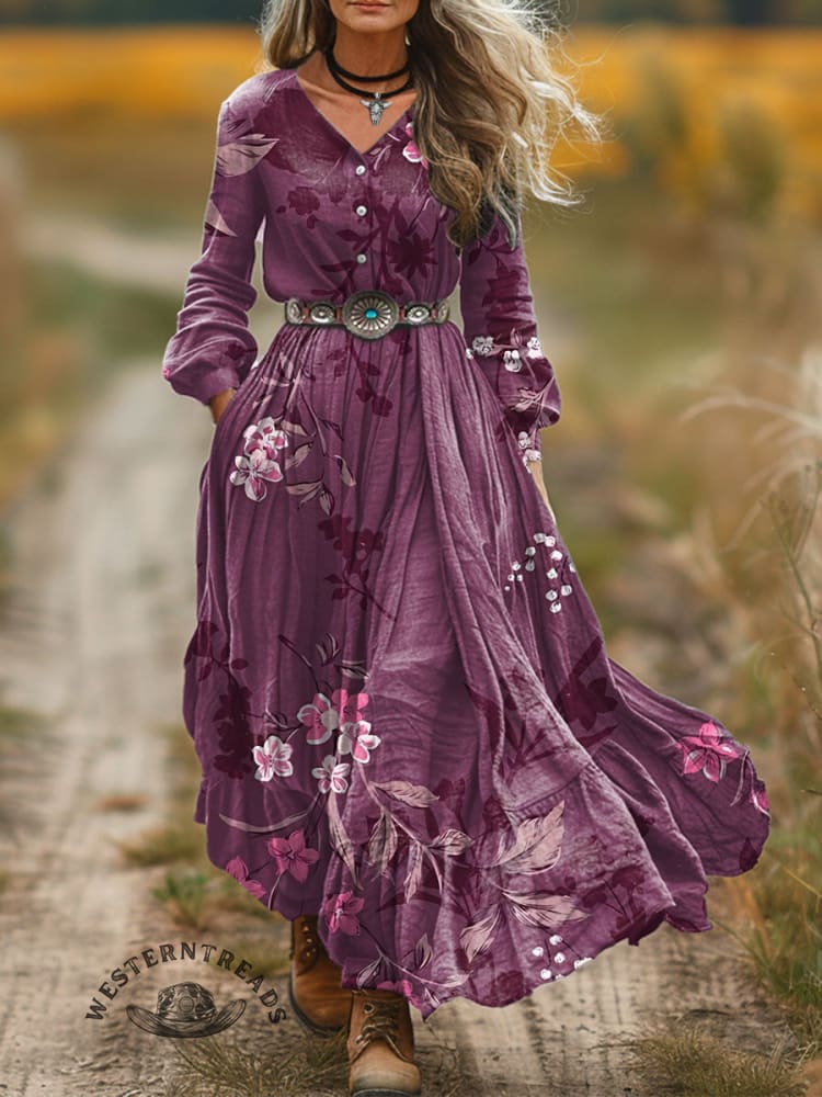 Women's Classic West Print V-Neck Button Pocket Cotton Dress