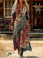 Vintage Print Casual V-neck Dress