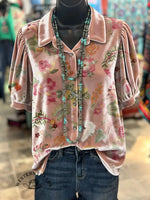 Women's Retro Floral Print Short Sleeve Velvet Shirt