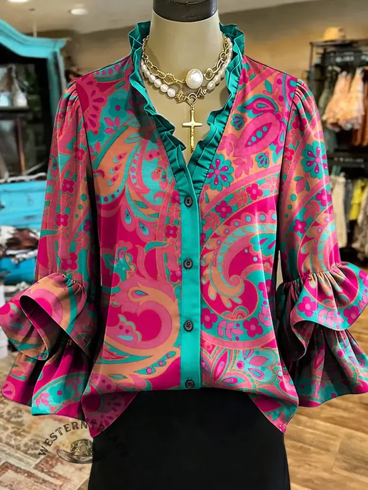 Women's Paisley Print Casual Ruffle Shirt
