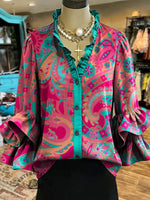 Women's Paisley Print Casual Ruffle Shirt