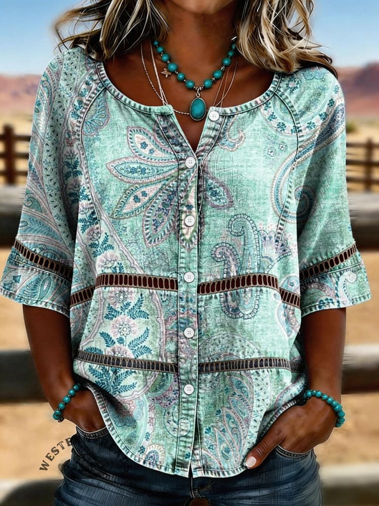 Women's Vintage Floral Print Casual Hollow-Out Denim Shirt
