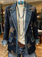 Star Art Print Patchwork Denim Sweater Cardigan Coat