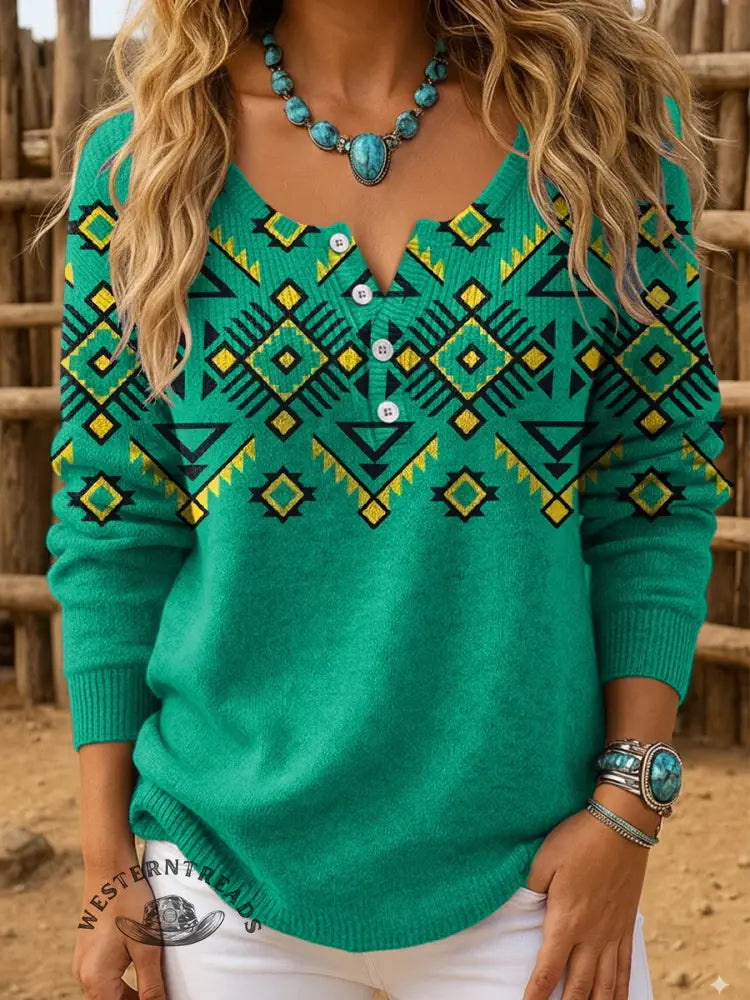 Retro Ethnic Art Print Buttoned Cardigan Sweater