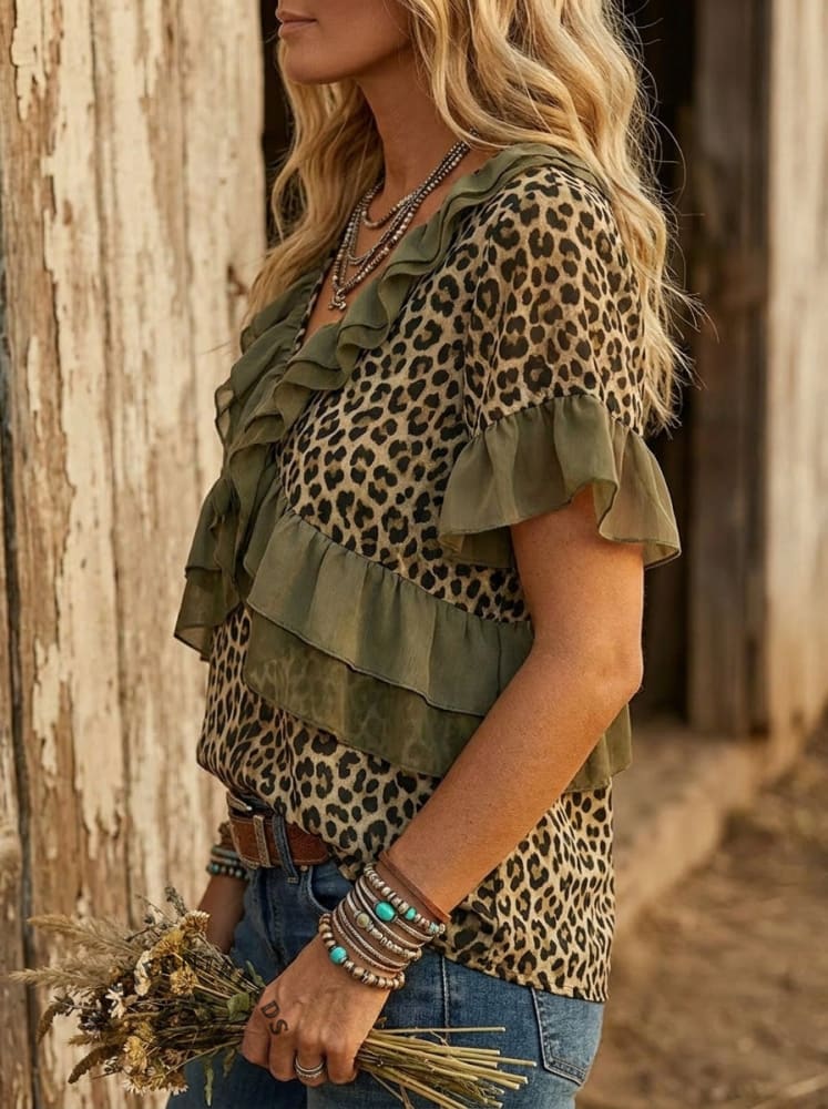 Women's Vintage Leopard Print Casual Patchwork Ruffle Shirt
