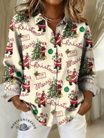 Women's Christmas Tree and Santa ClausPrint Casual Cotton Shirt