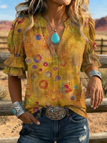 Women's Retro Floral Art Puff Sleeve Casual Shirt