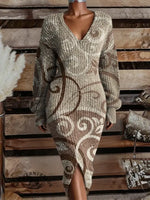 Vintage Art Print Casual V-neck Long Sleeve Knit Dress