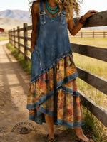 Retro Women's Floral Print Denim Patchwork Long Dress
