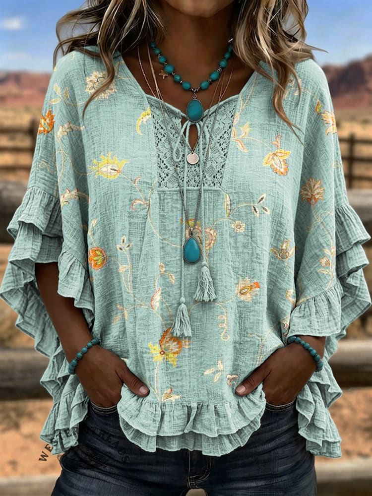 Women's Vintage Art Patchwork Hollow Design Cotton And Linen Shirt