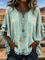 Women's Vintage Art Patchwork Hollow Design Cotton And Linen Shirt