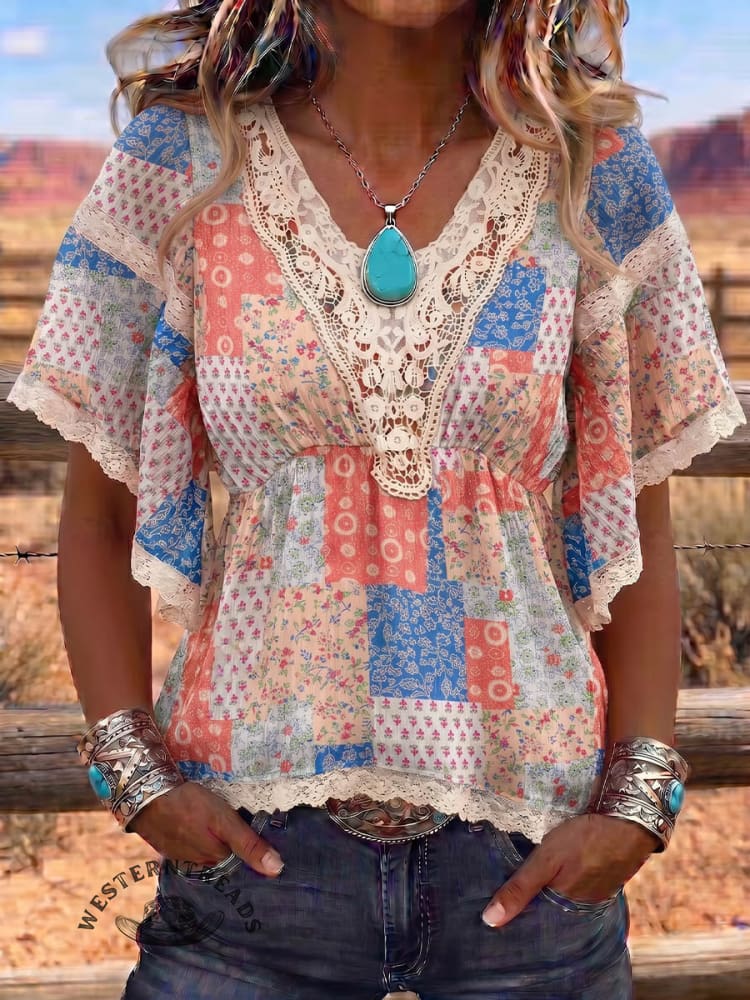 Vintage Art Patchwork Lace Comfortable Summer Fabrics Casual Shirt