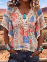 Vintage Art Patchwork Lace Comfortable Summer Fabrics Casual Shirt