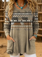 Women's Vintage Aztec Art Print Casual Crew Neck Pocket Knit Top