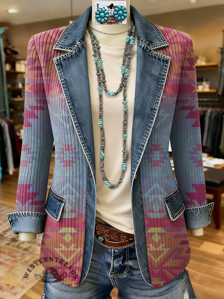 Aztec Print Patchwork Denim Sweater