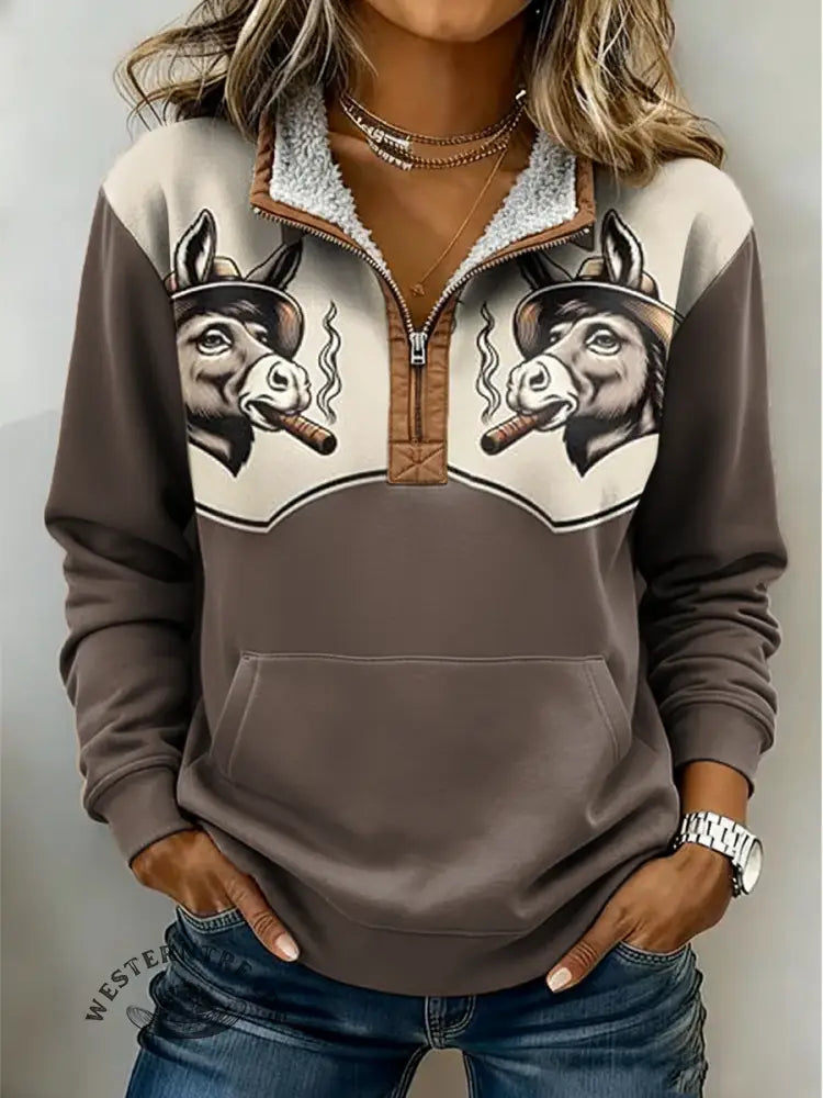 Women's Retro Donkey Print Casual Color-blocked Casual Half-zip Cotton Sweatshirt