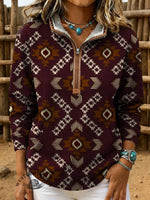 Retro Aztec Print Casual Half-zip Cotton Sweatshirt
