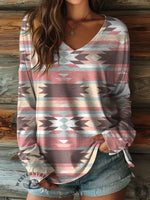 100% CottonšRetro Aztec Art Print Casaul V-collar Long Sleeve Tee
