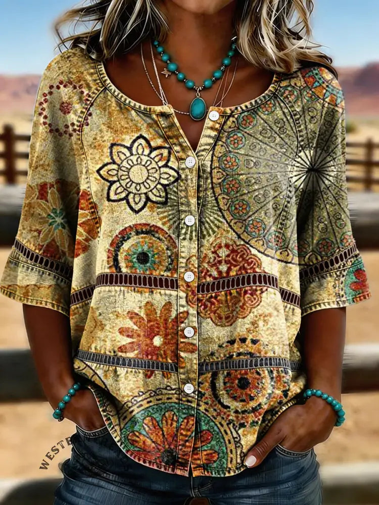 Women's Vintage Retro Flower Casual Hollow-out Denim Shirt