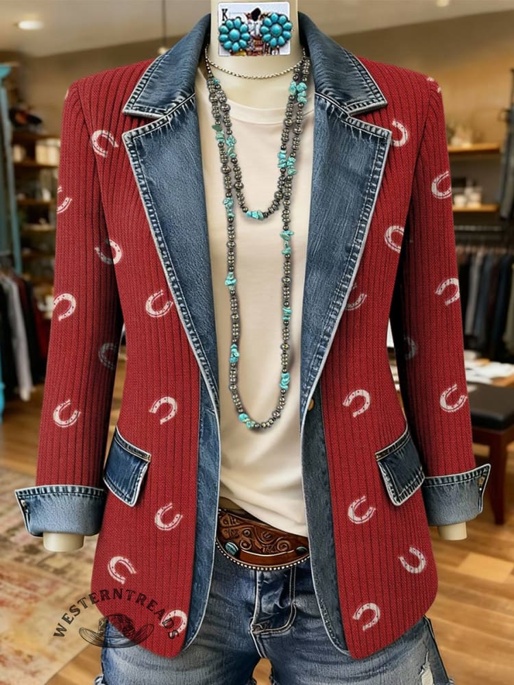 Horseshoe Print Patchwork Denim Sweater