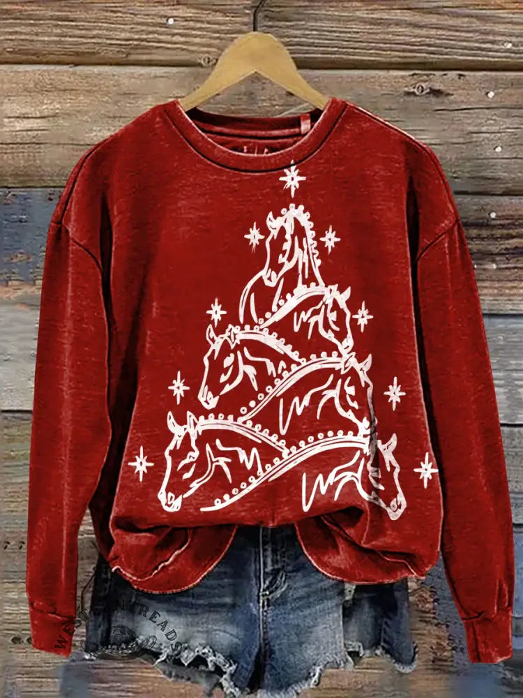 Retro Christmas Art Print Casual Cotton Sweatshirt