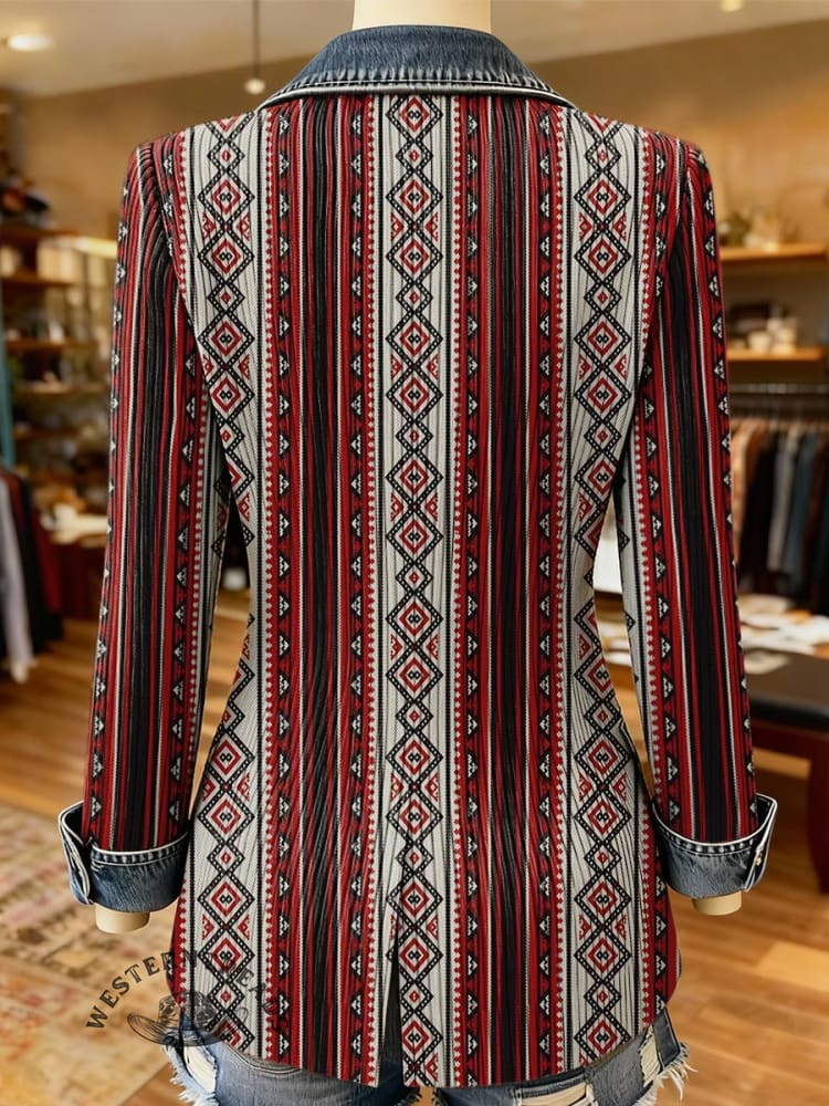 Aztec Print Patchwork Denim Sweater