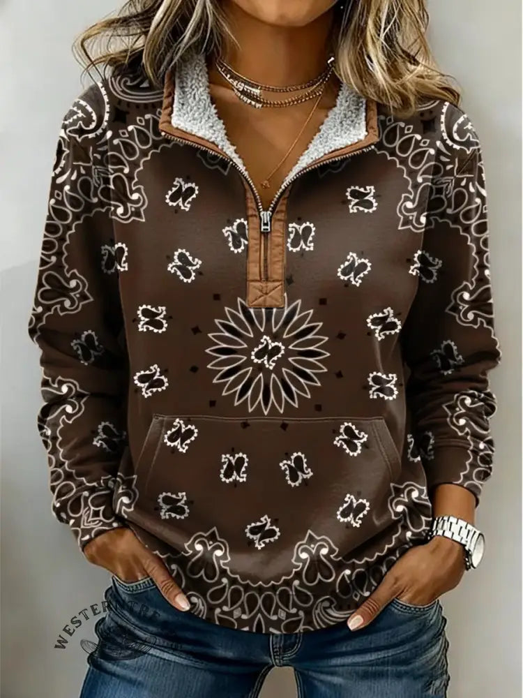 Retro Art Print Casual Half-zip Cotton Sweatshirt