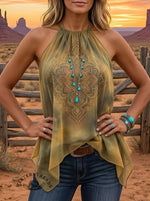 Vintage Western Print Casual Summer Chiffon Halter Tank Top