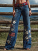 Women's Vintage American Flag Floral Print Casual Denim Wide Leg Pants