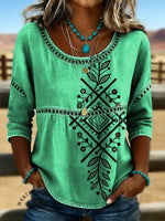 Retro Aztec Floral Art Print Casual Hollow Denim Shirt