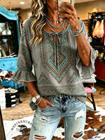 Women's Vintage Aztec Print Patchwork Chiffon Casual Shirt