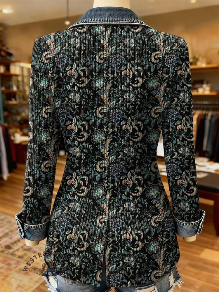 Paisley Print Patchwork Denim Sweater