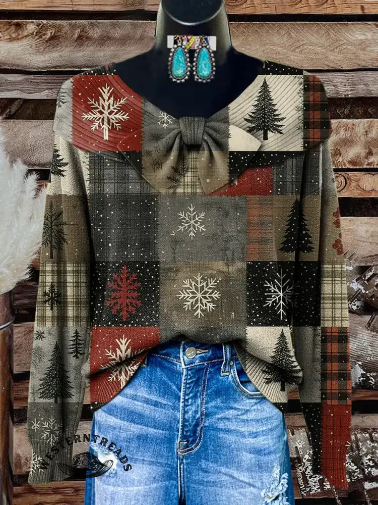 Vintage Christmas Tree Print Casual Cotton Sweatshirt