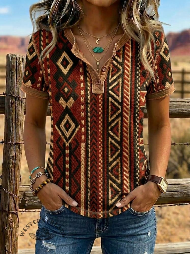 Vintage Art Print Western Henley Neck T-shirt