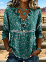Vintage Art Hollowed Out Lace Patchwork Ruffles Flowers Denim Shirt