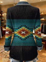 Retro Aztec Print Patchwork Denim Sweater Cardigan Coat