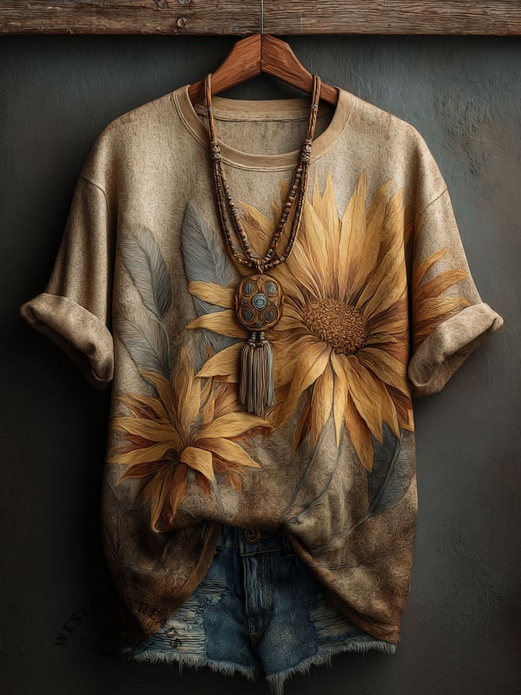 Vintage Sunflower Art Print Casual Short Sleeve T-shirt