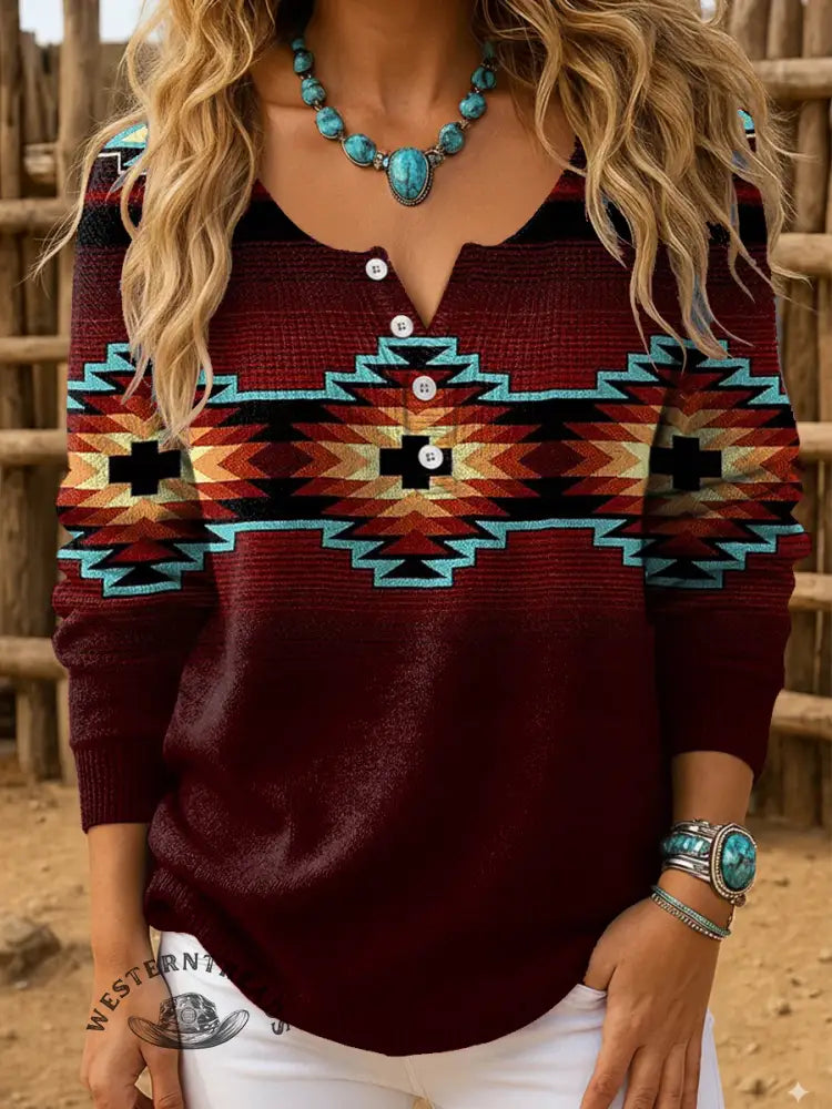 Women's Retro Red Aztec Art Print Henley Neck Sweater