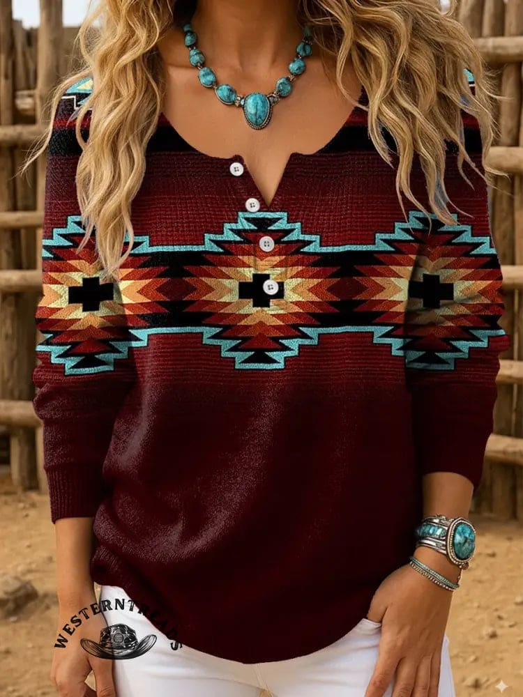 Women's Retro Red Aztec Art Print Henley Neck Sweater