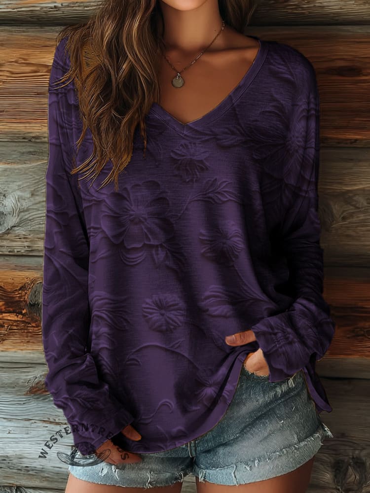 100% Cotton🍃Women's Floral Art Print Casual V-neck Long Sleeve T-shirt